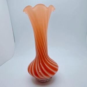 Vintage Striped Handblown Glass Bud Vase - 7.75" White, pinkish Orange - Retro